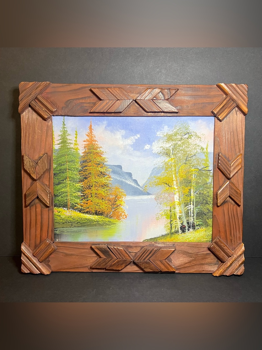 Vintage Rustic Mountain & Tree Landscape Cabin Folk Art Wood Framed Oil Painting